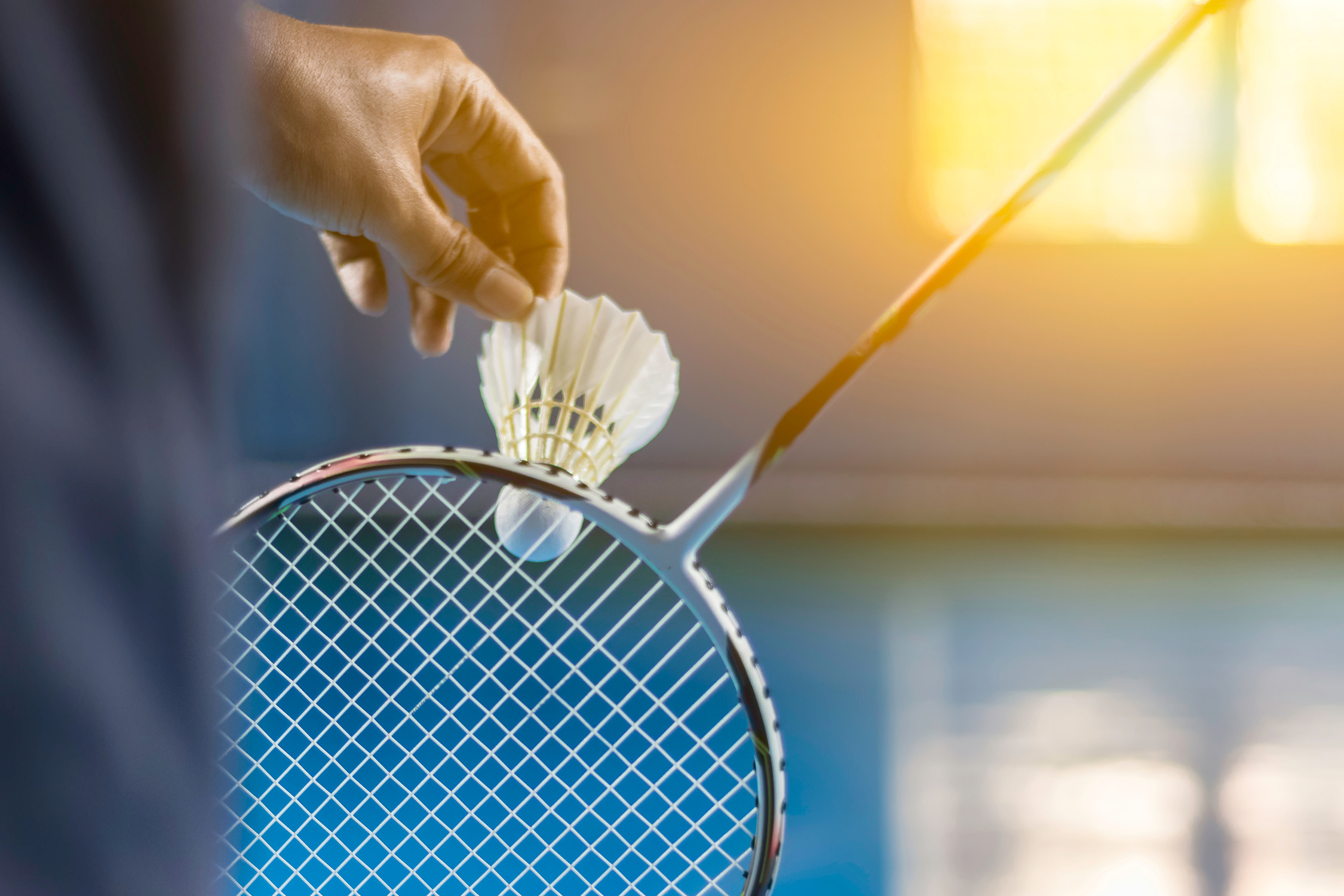 Shuttle cock badminton in the blue court with playing badminton.